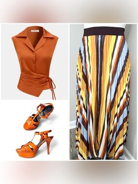 Forever 21 Multi-Stripe sheer see through Midi  Skirt in Brown, Yellow & Blue- L